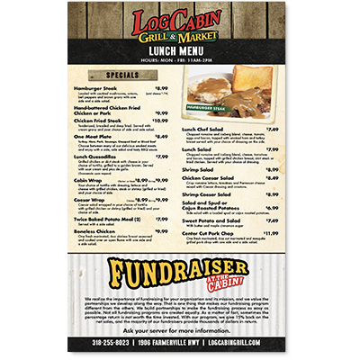 menu lunch log cabin